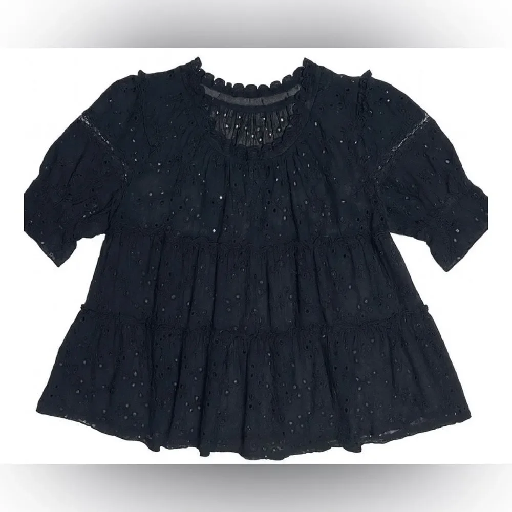 Free People Womens Blouse SP Black Eyelet Boho Semi Sheer Ruffle Puff Sleeve